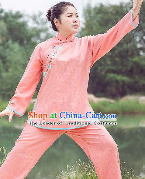 Traditional Chinese Top Gastrodia Kung Fu Costume Martial Arts Kung Fu Training Plated Buttons Hand Painted Plum Blossom Pink Uniform, Tang Suit Gongfu Shaolin Wushu Clothing, Tai Chi Taiji Teacher Suits Uniforms for Women