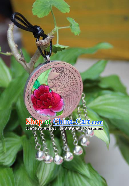 Traditional Chinese Miao Nationality Crafts, Hmong Handmade Miao Silver Embroidery Round Bells Tassel Pendant, Miao Ethnic Minority Necklace Accessories Bells Pendant for Women