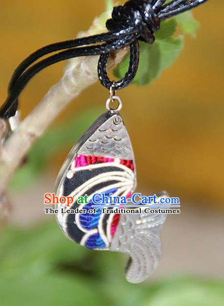 Traditional Chinese Miao Nationality Crafts, Hmong Handmade Miao Silver Embroidery Pendant, Miao Ethnic Minority Necklace Fish Accessories Pendant for Women