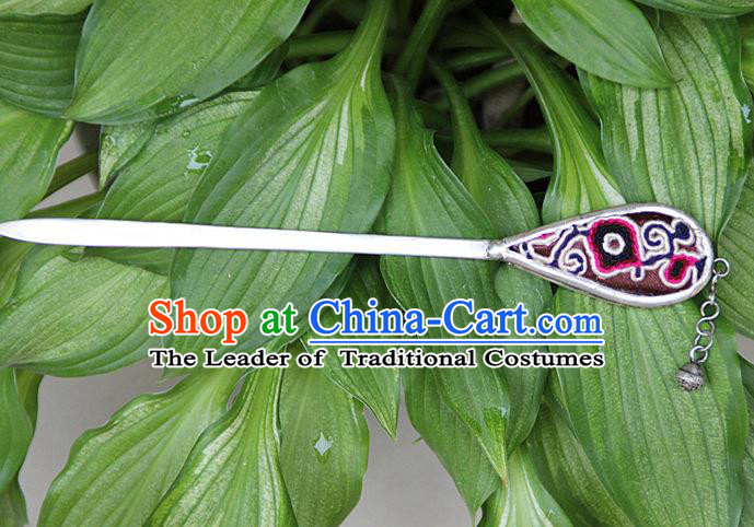 Traditional Chinese Miao Nationality Crafts Jewelry Accessory, Hmong Handmade Embroidery Miao Silver Hairpin, Miao Ethnic Minority Bells Hair Fascinators Hairpins for Women