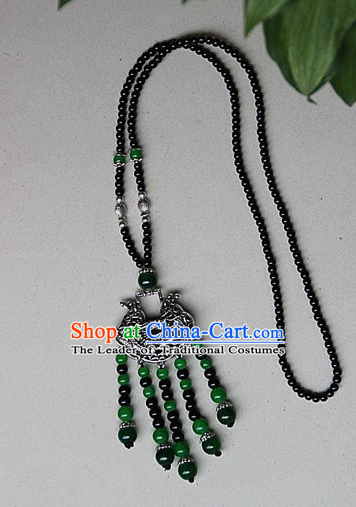 Traditional Chinese Miao Nationality Crafts Jewelry Accessory, Hmong Handmade Miao Silver Beads Tassel Chinese Knot Longevity Lock Pendant, Miao Ethnic Minority Necklace Accessories Sweater Chain Pendant for Women