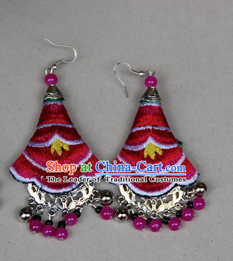 Traditional Chinese Miao Nationality Crafts Jewelry Accessory, Hmong Handmade Embroidery Beads Red Earrings, Miao Ethnic Minority Eardrop Accessories Ear Pendant for Women