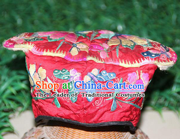 Traditional Chinese Miao Nationality Crafts Hmong Handmade Children Embroidery Butterfly Red Tiger Headwear, Miao Ethnic Minority Exorcise Evil Tiger Hat for Kids