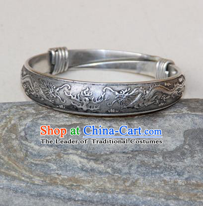 Traditional Chinese Miao Ethnic Minority Miao Silver Double Chinese Dragon Bracelet, Hmong Handmade Bracelet Jewelry Accessories for Women