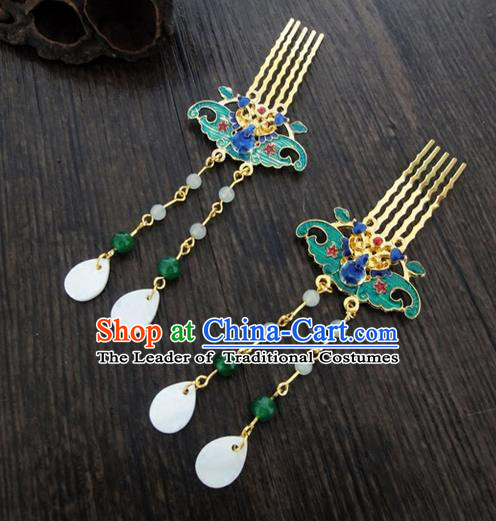 Traditional Handmade Chinese Ancient Classical Hair Accessories Barrettes Lotus Hairpin, Blueing Shell Tassel Headdress Hair Jewellery, Hair Fascinators Hairpins for Women