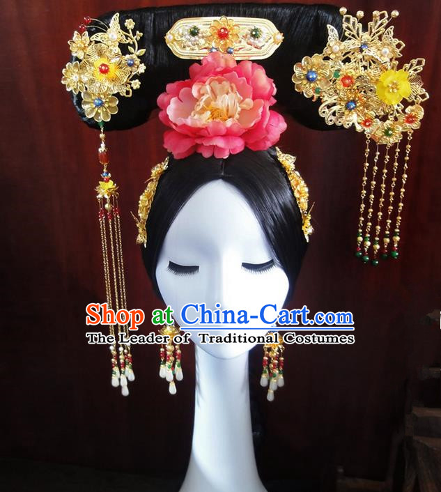 Traditional Handmade Chinese Ancient Classical Qing Dynasty Hat Accessories Bride Wedding Barrettes Imperial Emperess Phoenix Coronet, Hair Sticks Hair Jewellery, Hair Fascinators Hairpins Complete Set for Women