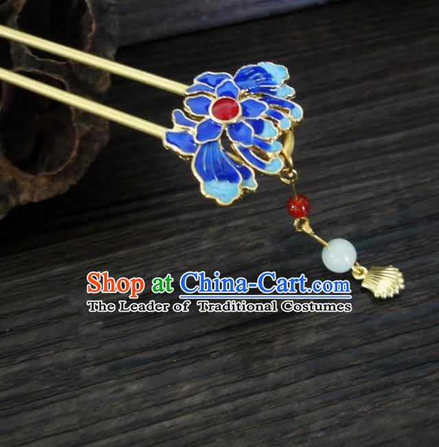 Traditional Handmade Chinese Ancient Classical Hair Accessories Barrettes Lotus Hairpin, Blueing Hair Sticks Hair Jewellery, Hair Fascinators Hairpins for Women