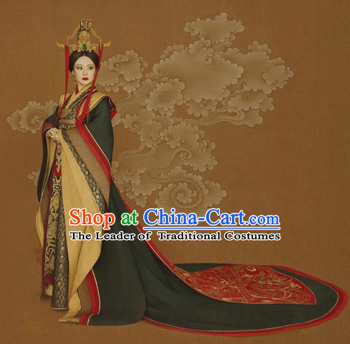 Traditional Ancient Chinese Imperial Queen Mother Costume, Chinese Han Dynasty Imperial Empress Dowager Dress, Cosplay Chinese Empress Dowager Tailing Clothing Hanfu for Women