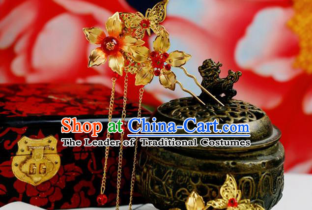 Chinese Wedding Jewelry Accessories, Traditional Xiuhe Suits Wedding Bride Butterfly Headwear, Wedding Tiaras, Ancient Chinese Flowers Harpins for Women