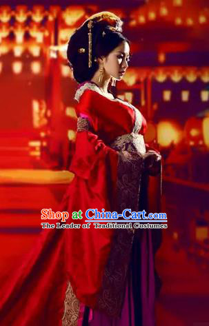 Traditional Ancient Chinese High-Grade Imperial Consort Costume, Chinese Han Dynasty Lady Red Dress, Cosplay Chinese Imperial Concubine Clothing Trailing Wedding Hanfu for Women
