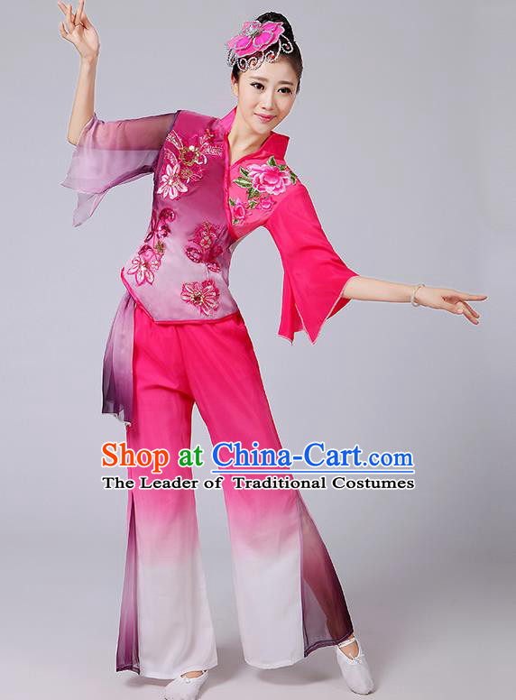 Traditional Chinese Yangge Fan Dancing Costume, Folk Dance Yangko Mandarin Sleeve Paillette Blouse and Pants Uniforms, Classic Dance Elegant Dress Drum Dance Pink Clothing for Women