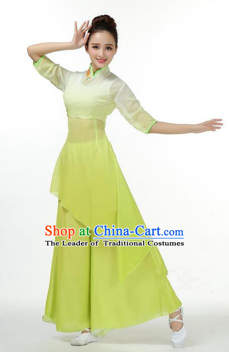 Traditional Chinese Yangge Fan Dancing Costume, Folk Dance Yangko Mandarin Collar Green Uniforms, Classic Umbrella Dance Elegant Big Swing Dress Drum Dance Clothing for Women