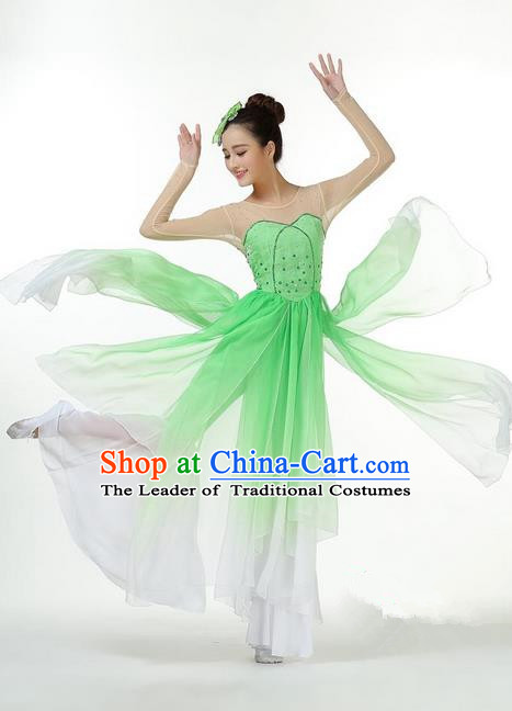Traditional Chinese Yangge Fan Dancing Costume, Folk Dance Yangko Mandarin Collar Paillette Green Uniforms, Classic Umbrella Dance Elegant Big Swing Dress Drum Dance Clothing for Women