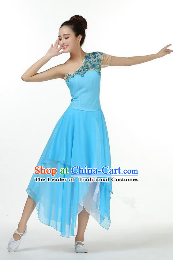 Traditional Modern Dancing Compere Costume, Women Opening Classic Chorus Singing Group Dance Dress, Modern Dance Classic Ballet Dance Blue Paillette Dress for Women