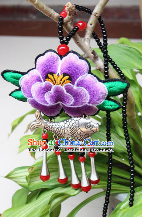 Traditional Chinese Miao Nationality Crafts Jewelry Accessory, Hmong Handmade Miao Silver Fish Beads Tassel Embroidery Flowers Pendant, Miao Ethnic Minority Necklace Accessories Sweater Chain Pendant for Women