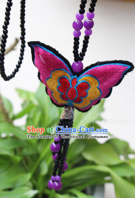 Traditional Chinese Miao Nationality Crafts Jewelry Accessory, Hmong Handmade Black Beads Tassel Double Side Embroidery Butterfly Pendant, Miao Ethnic Minority Necklace Accessories Sweater Chain Pendant for Women