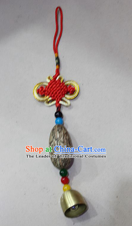 Traditional Chinese Miao Nationality Crafts Jewelry Accessory, Hmong Handmade Copper Bell Tassel Red Chinese Knot Bodhi Seed Pendant, Miao Ethnic Minority Haven Evil Bell Car Accessories Pendant