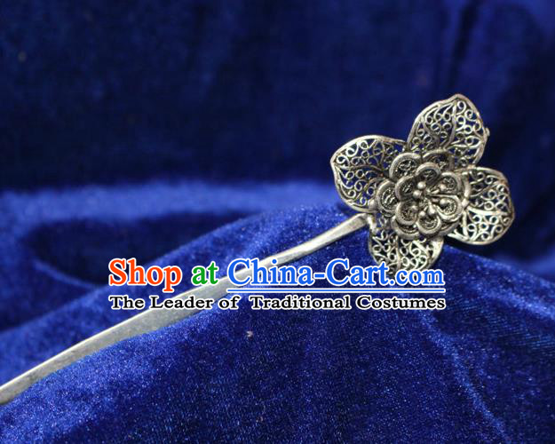 Traditional Chinese Miao Nationality Crafts Jewelry Accessory Classical Hair Accessories, Hmong Handmade Miao Silver Flower Palace Lady Hair Sticks Hair Claw, Miao Ethnic Minority Hair Fascinators Hairpins for Women