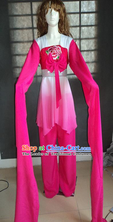 Traditional Chinese Ancient Yangge Fan Dancing Costume, Folk Dance Water Sleeve Uniforms, Classic Tang Dynasty Flying Dance Elegant Fairy Dress Drum Palace Dance Rose Clothing for Women