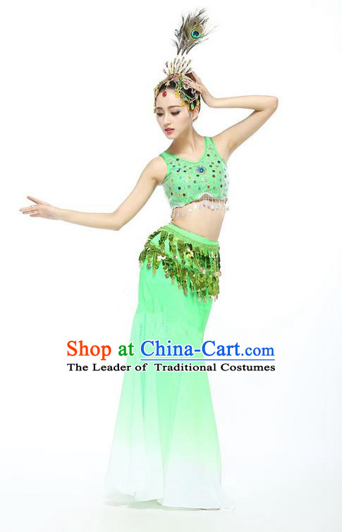 Traditional Chinese Dai Nationality Peacock Dancing Costume, Folk Dance Ethnic Fishtail Paillette Dress Palace Princess Uniform, Chinese Minority Nationality Dancing Green Clothing for Women