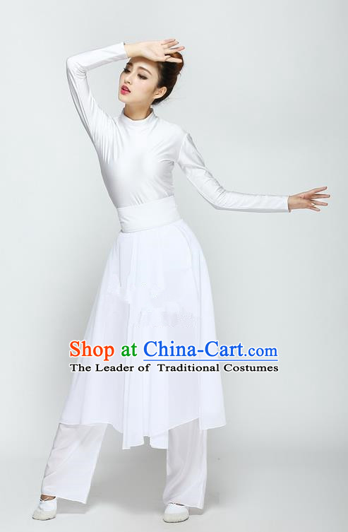 Traditional Chinese Yangge Fan Dancing Costume, Folk Dance Yangko Uniforms, Classic Modern Umbrella Dance Big Swing White Dress Elegant Drum Dance Clothing for Women
