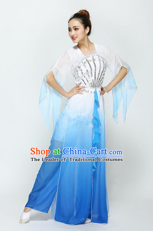 Traditional Chinese Yangge Fan Dancing Costume, Folk Dance Yangko Uniforms, Classic Modern Umbrella Dance Blue Dress Elegant Drum Dance Clothing for Women