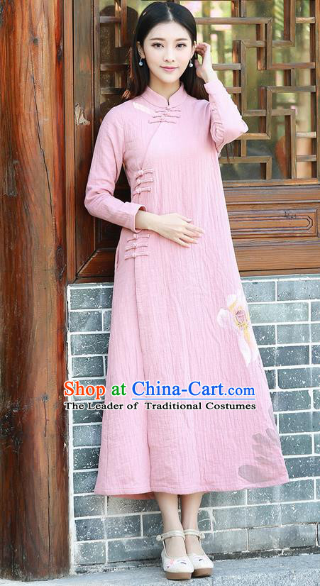 Traditional Ancient Chinese National Costume, Elegant Hanfu Hand Printing Linen Dress, China Tang Suit Cheongsam Upper Outer Garment Pink Elegant Dress Clothing for Women