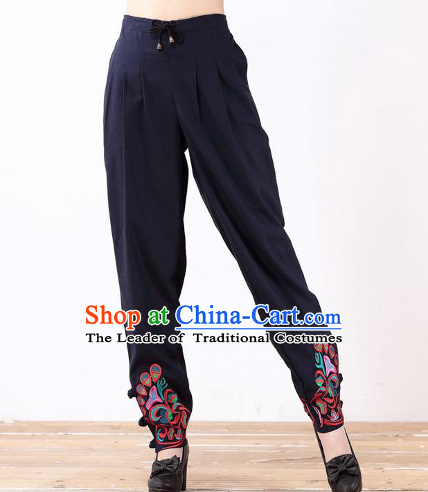 Traditional Ancient Chinese National Costume Plus Fours, Elegant Hanfu Embroidered Pants, China Tang Suit Linen Navy Bloomers for Women