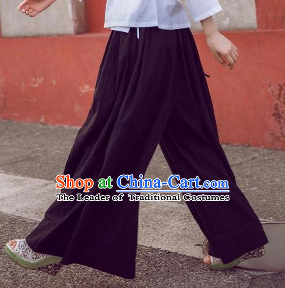 Traditional Ancient Chinese National Costume Loose Pants, Elegant Hanfu Pants, China Tang Suit Linen Black Wide Leg Pants for Women