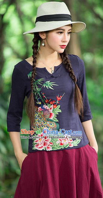 Traditional Ancient Chinese National Costume, Elegant Hanfu Embroidered Peacock Peony Shirt, China National Minority Tang Suit Navy Blouse Cheongsam Upper Outer Garment Clothing for Women