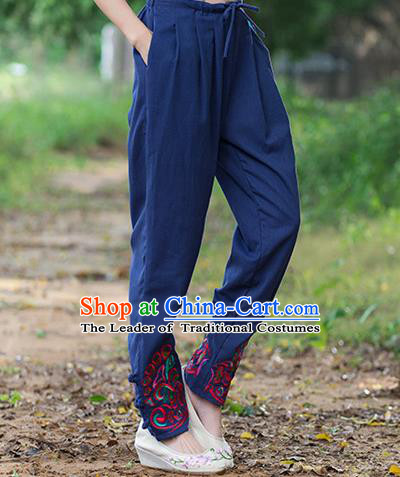 Traditional Ancient Chinese National Costume Trousers, Elegant Hanfu Embroidered Pants, China Tang Suit Cotton Navy Leisure Pants for Women
