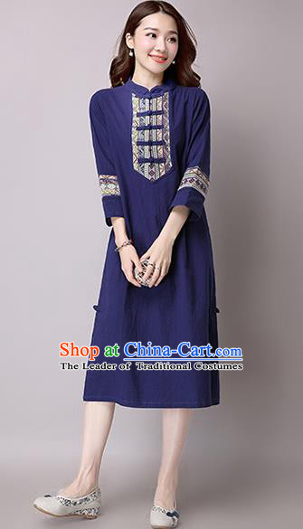 Traditional Ancient Chinese National Costume, Elegant Hanfu Stand Collar Embroidered Dress, China Tang Suit Mandarin Collar Cheongsam Upper Outer Garment Blue Dress Clothing for Women
