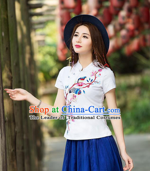 Traditional Ancient Chinese National Costume, Elegant Hanfu Stand Collar T-Shirt, China Tang Suit Embroidered Peach Blossom White Blouse Cheongsam Upper Outer Garment Shirts Clothing for Women