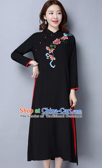 Traditional Ancient Chinese National Costume, Elegant Hanfu Embroidering Flowers Dress, China Tang Suit Cheongsam Upper Outer Garment Black Elegant Dress Clothing for Women
