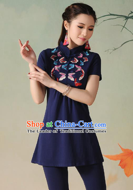 Traditional Ancient Chinese National Costume, Elegant Hanfu Embroidered Butterfly Stand Collar T-Shirt, China Tang Suit Navy Blouse Cheongsam Upper Outer Garment Qipao Shirts Clothing for Women
