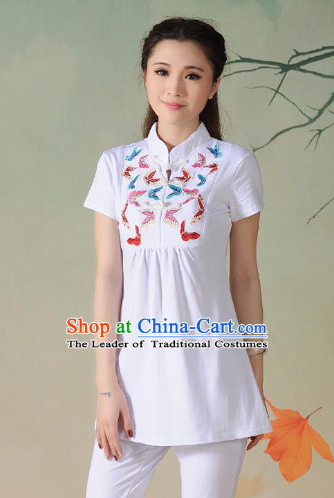 Traditional Ancient Chinese National Costume, Elegant Hanfu Embroidered Butterfly Stand Collar T-Shirt, China Tang Suit White Blouse Cheongsam Upper Outer Garment Qipao Shirts Clothing for Women