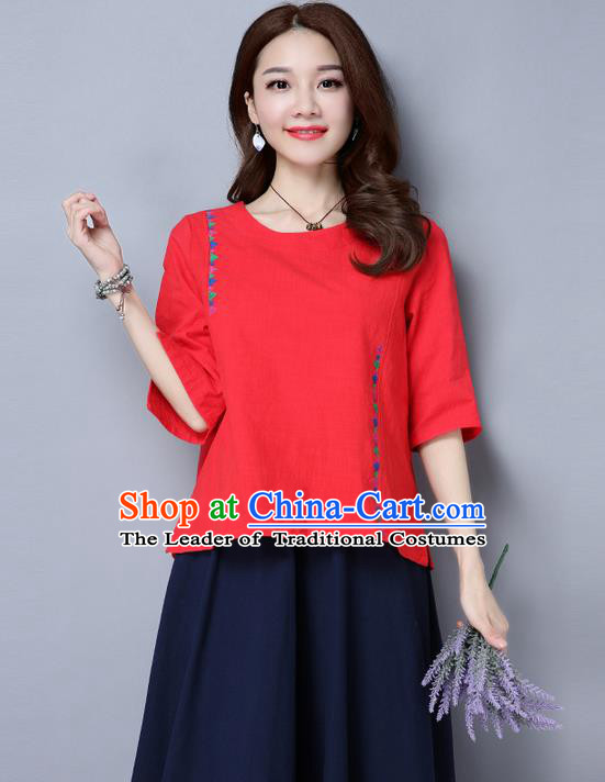 Traditional Ancient Chinese National Costume, Elegant Hanfu Embroidered T-Shirt, China Tang Suit Embroidered Red Blouse Cheongsam Upper Outer Garment Qipao Shirts Clothing for Women