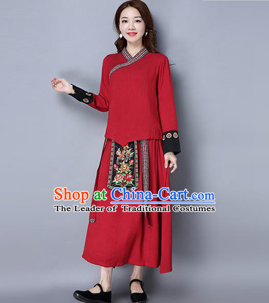 Traditional Ancient Chinese Ancient Costume, Elegant Hanfu Clothing Red Embroidered Blouse and Skirt, China Tang Dynasty Folk Dance Blouse and Skirt Complete Set for Women