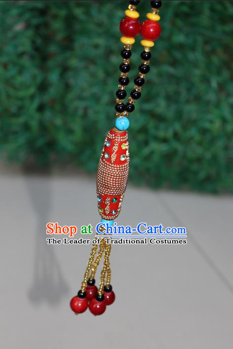 Traditional Chinese Miao Nationality Crafts Jewelry Accessory, Hmong Handmade Black Beads Tassel Red Pendant, Miao Ethnic Minority Necklace Accessories Sweater Chain Pendant for Women