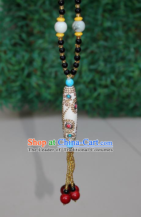Traditional Chinese Miao Nationality Crafts Jewelry Accessory, Hmong Handmade Black Beads Tassel White Pendant, Miao Ethnic Minority Necklace Accessories Sweater Chain Pendant for Women