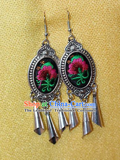 Traditional Chinese Miao Nationality Crafts Jewelry Accessory Classical Earbob Accessories, Hmong Handmade Miao Silver Embroidery Bells Tassel Palace Lady Earrings, Miao Ethnic Minority Eardrop for Women