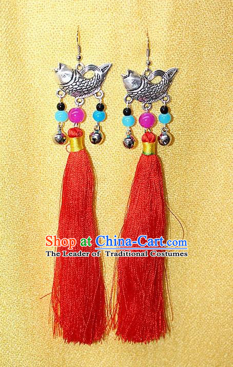 Traditional Chinese Miao Nationality Crafts Jewelry Accessory Classical Earbob Accessories, Hmong Handmade Miao Silver Fish Palace Lady Red Silk Tassel Earrings, Miao Ethnic Minority Eardrop for Women