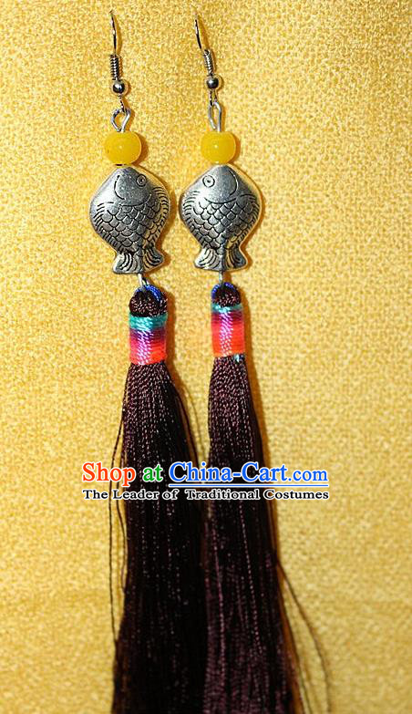 Traditional Chinese Miao Nationality Crafts Jewelry Accessory Classical Earbob Accessories, Hmong Handmade Miao Silver Kiss Fish Palace Lady Black Silk Tassel Earrings, Miao Ethnic Minority Eardrop for Women