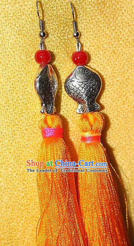 Traditional Chinese Miao Nationality Crafts Jewelry Accessory Classical Earbob Accessories, Hmong Handmade Miao Silver Kiss Fish Palace Lady Yellow Silk Tassel Earrings, Miao Ethnic Minority Eardrop for Women