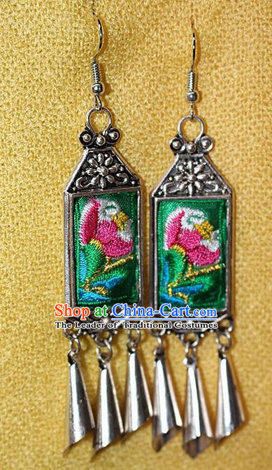 Traditional Chinese Miao Nationality Crafts Jewelry Accessory Classical Earbob Accessories, Hmong Handmade Miao Silver Palace Lady Tassel Embroidery Flowers Earrings, Miao Ethnic Minority Eardrop for Women