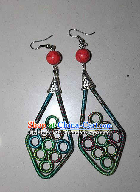 Traditional Chinese Miao Nationality Crafts Jewelry Accessory Classical Earbob Accessories, Hmong Handmade Kinking Palace Lady Earrings, Miao Ethnic Minority Weave Eardrop for Women