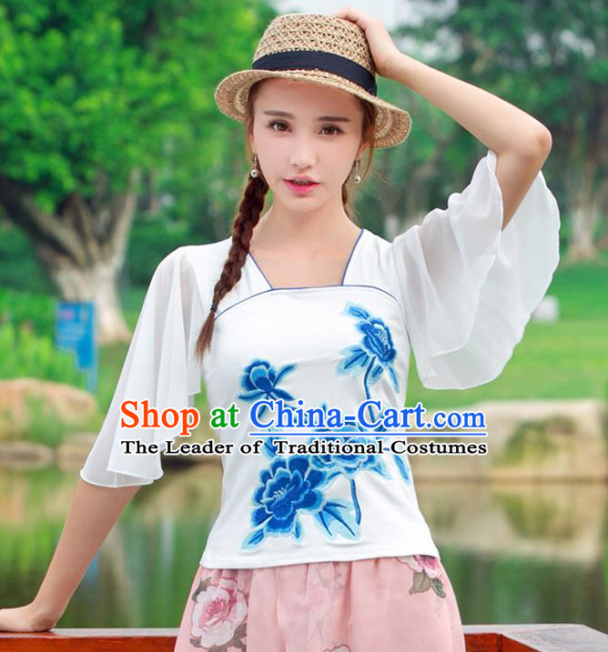 Traditional Ancient Chinese National Costume, Elegant Hanfu Embroidered Blue Peony T-Shirt, China Tang Suit Mandarin Sleeve Blouse Cheongsam Qipao Shirts Clothing for Women