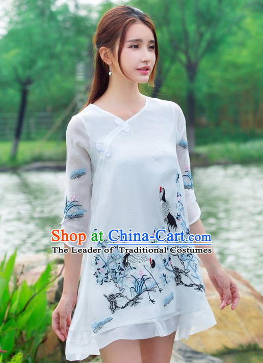 Traditional Ancient Chinese National Costume, Elegant Hanfu Mandarin Qipao Embroidery Crane Dress, China Tang Suit Cheongsam Upper Outer Garment Elegant Dress Clothing for Women
