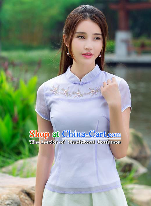 Traditional Ancient Chinese National Costume, Elegant Hanfu Plated Buttons Organza Shirt, China Tang Suit Embroidered Blouse Cheongsam Upper Outer Garment Purple Shirts Clothing for Women