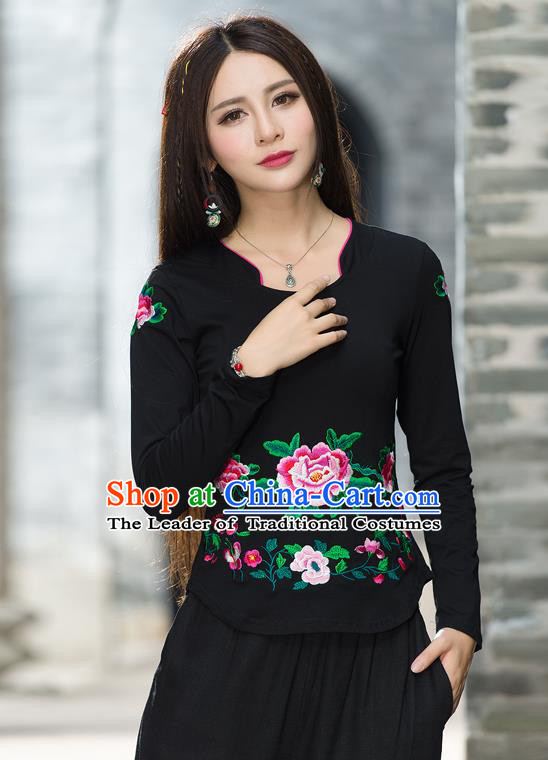 Traditional Ancient Chinese National Costume, Elegant Hanfu Embroidery Peony Flowers T-Shirt, China Tang Suit Blouse Cheongsam Upper Outer Garment Black T-Shirts Clothing for Women
